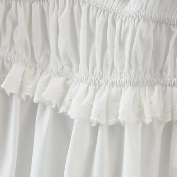 White Puff Sleeve Square Neck Dress with Lace and Ruffle Detail - Picture 13 of 16